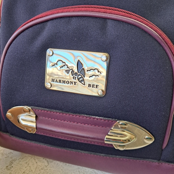 Small Canvas & Leather Backpack Navy and Plum with Silver Hardware Bee Accent - Picture 10 of 14